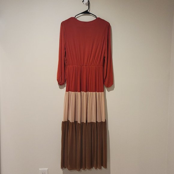 Women's Beige Stretch Color Block Balloon Sleeve Maxi Wear To Work Dress - Picture 2 of 3